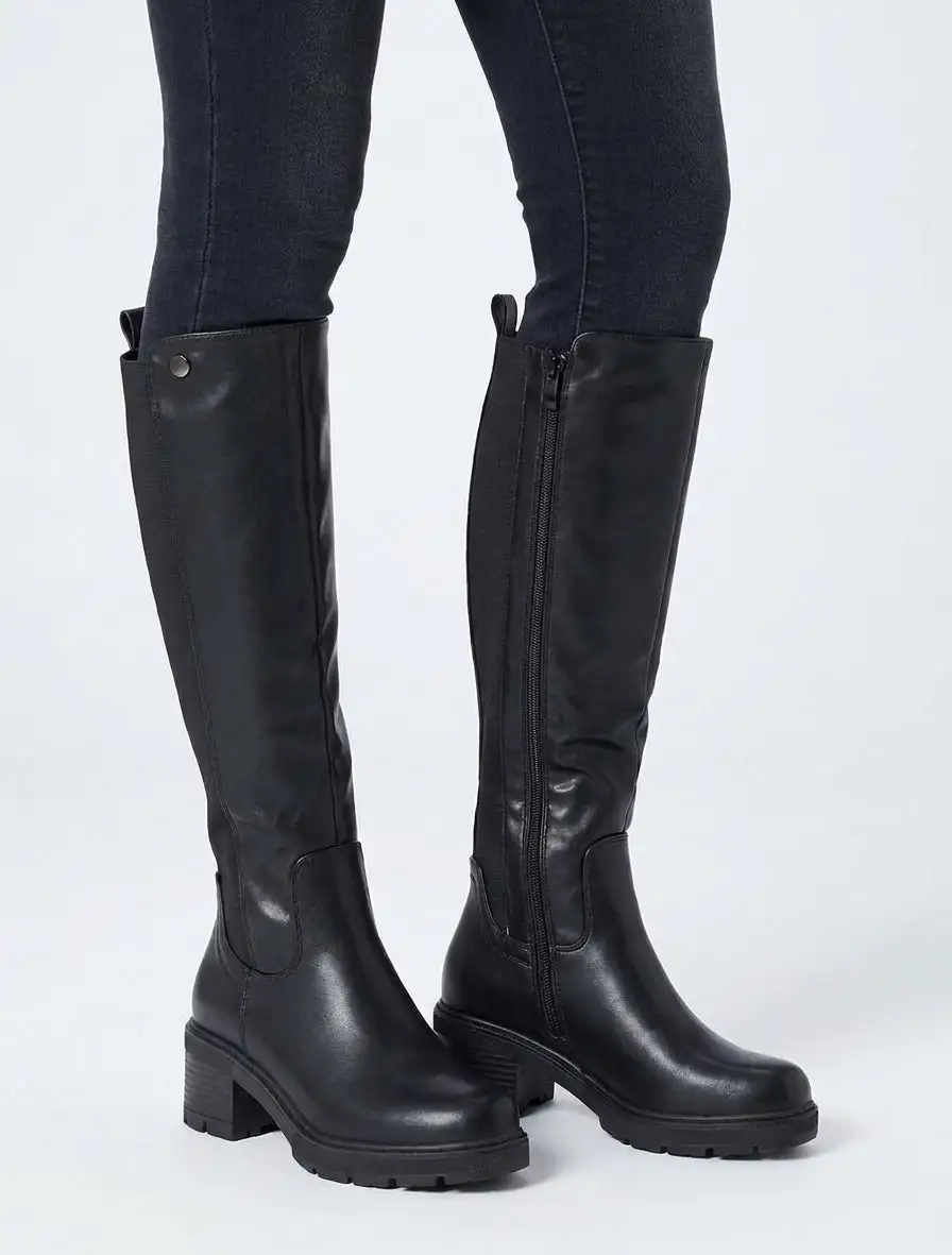 Soft Finish Stretch Panel Block Heel Faux Leather Knee High Boots