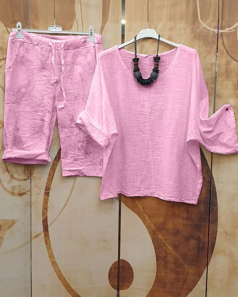 Summer Simple Color Casual Style Short Sleeve Suit