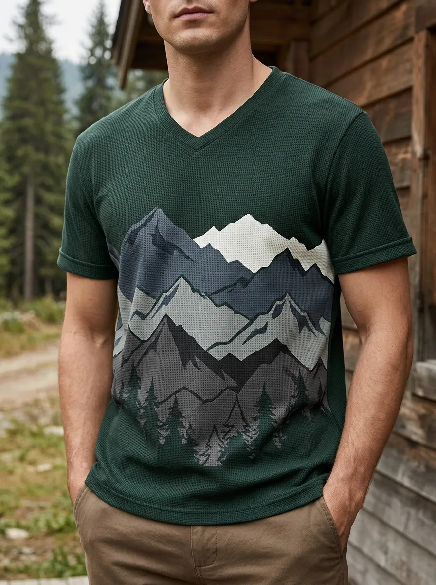 Men's Landscape Outdoor Nature Lover Mountain Forest V-Neck T-Shirt
