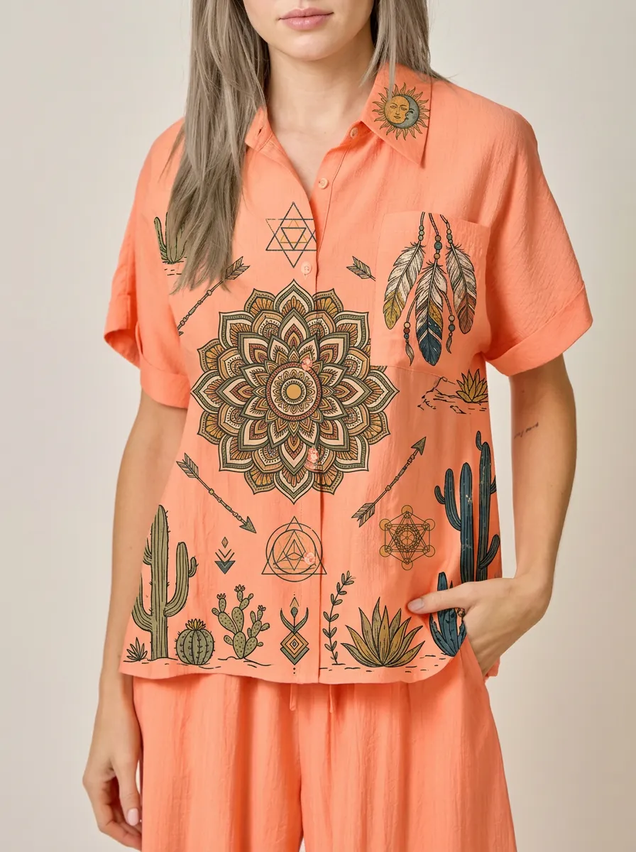 Women's Boho Mandala Cactus Feather Printed Button-up Shirt