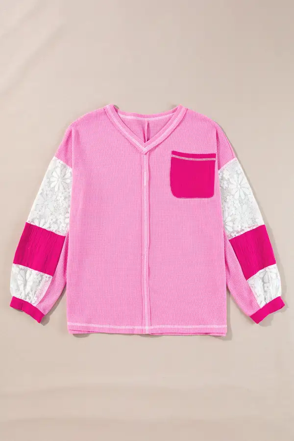 Bonbon Lace Floral Patchwork Sleeve Stitching V Neck Rib Knit Blouse