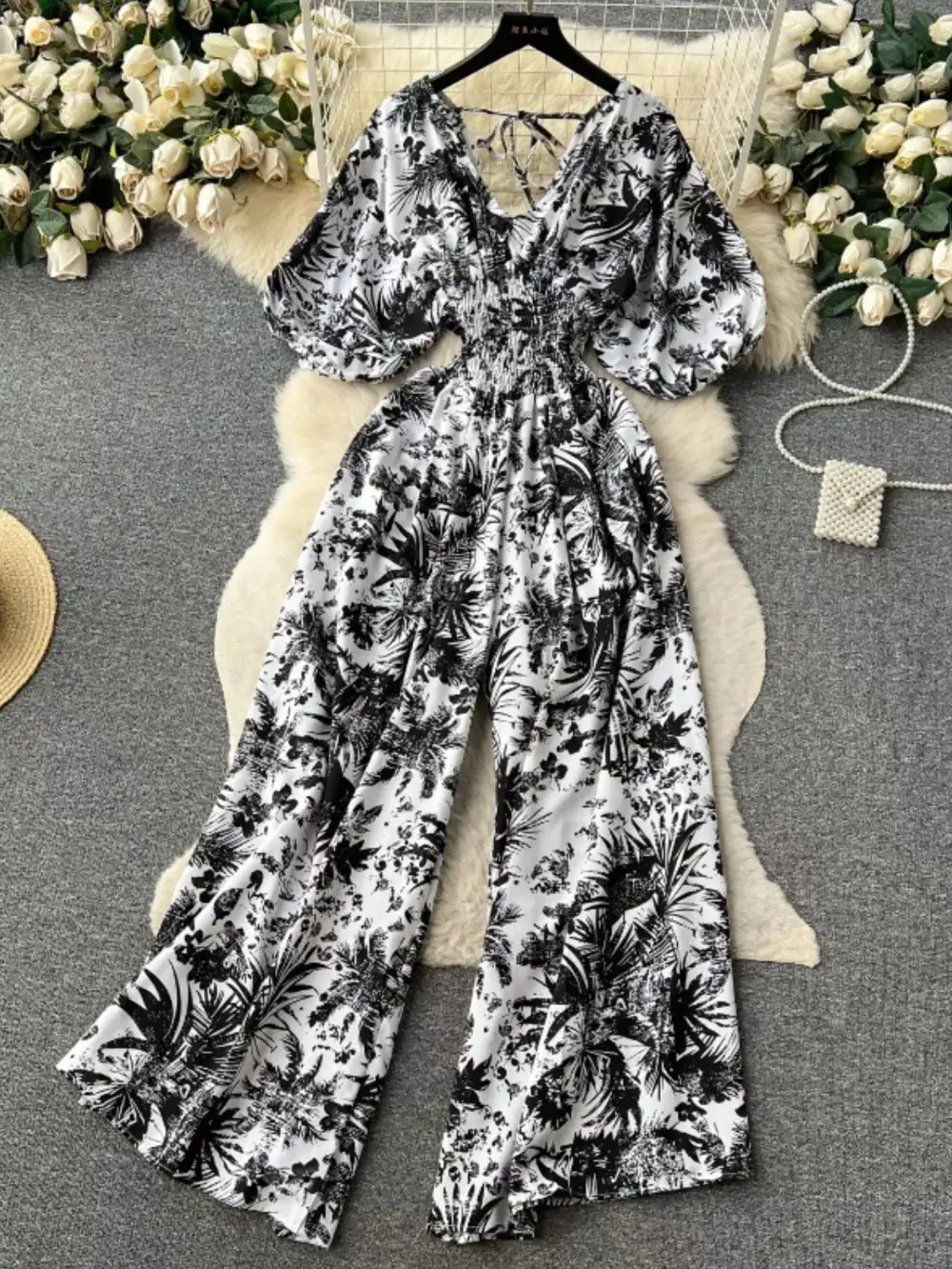 Smocked V Neck Wide Leg Jumpsuit