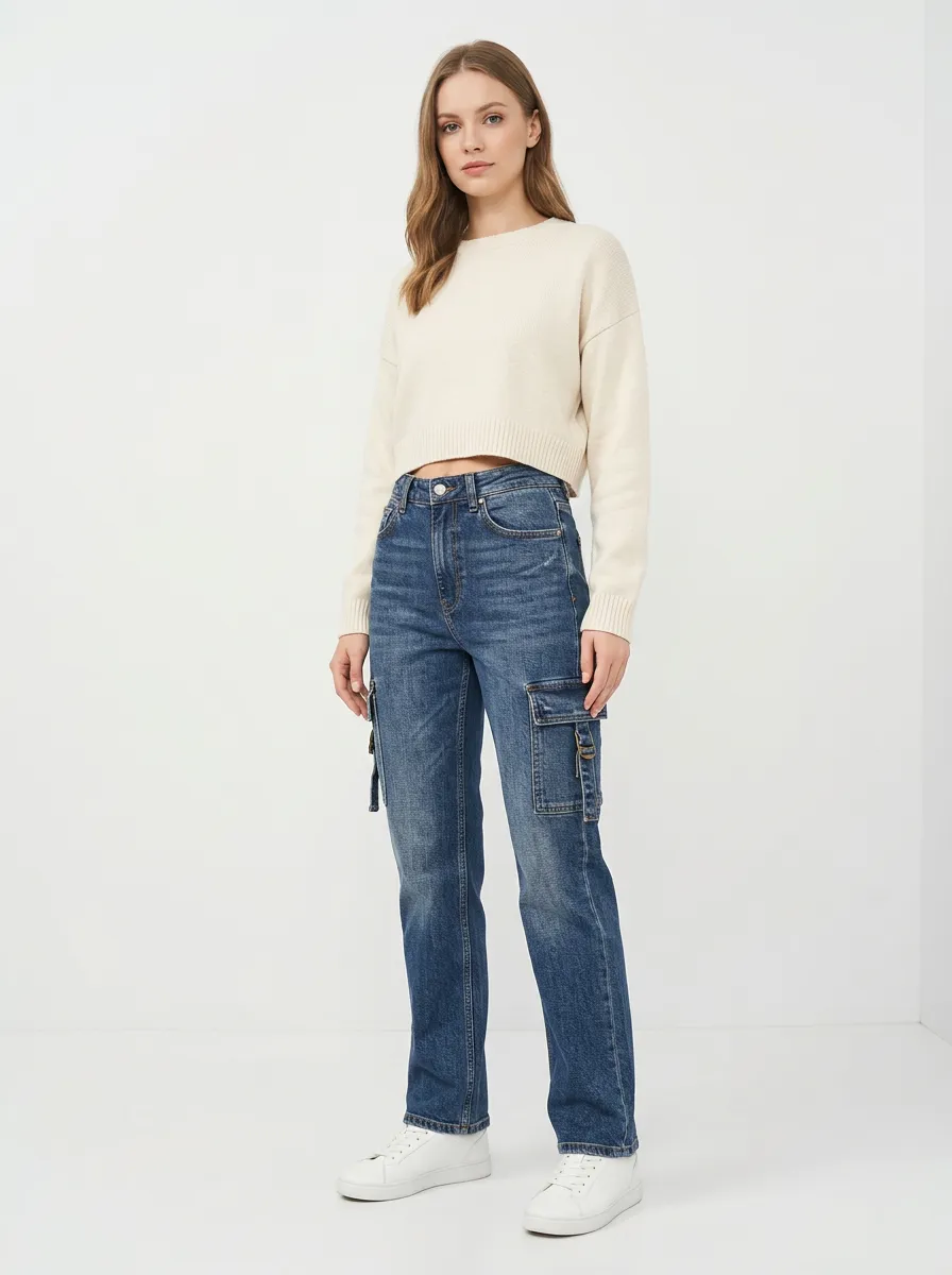 Women's High Rise Jeans Trousers in Neutral with Utility Cut