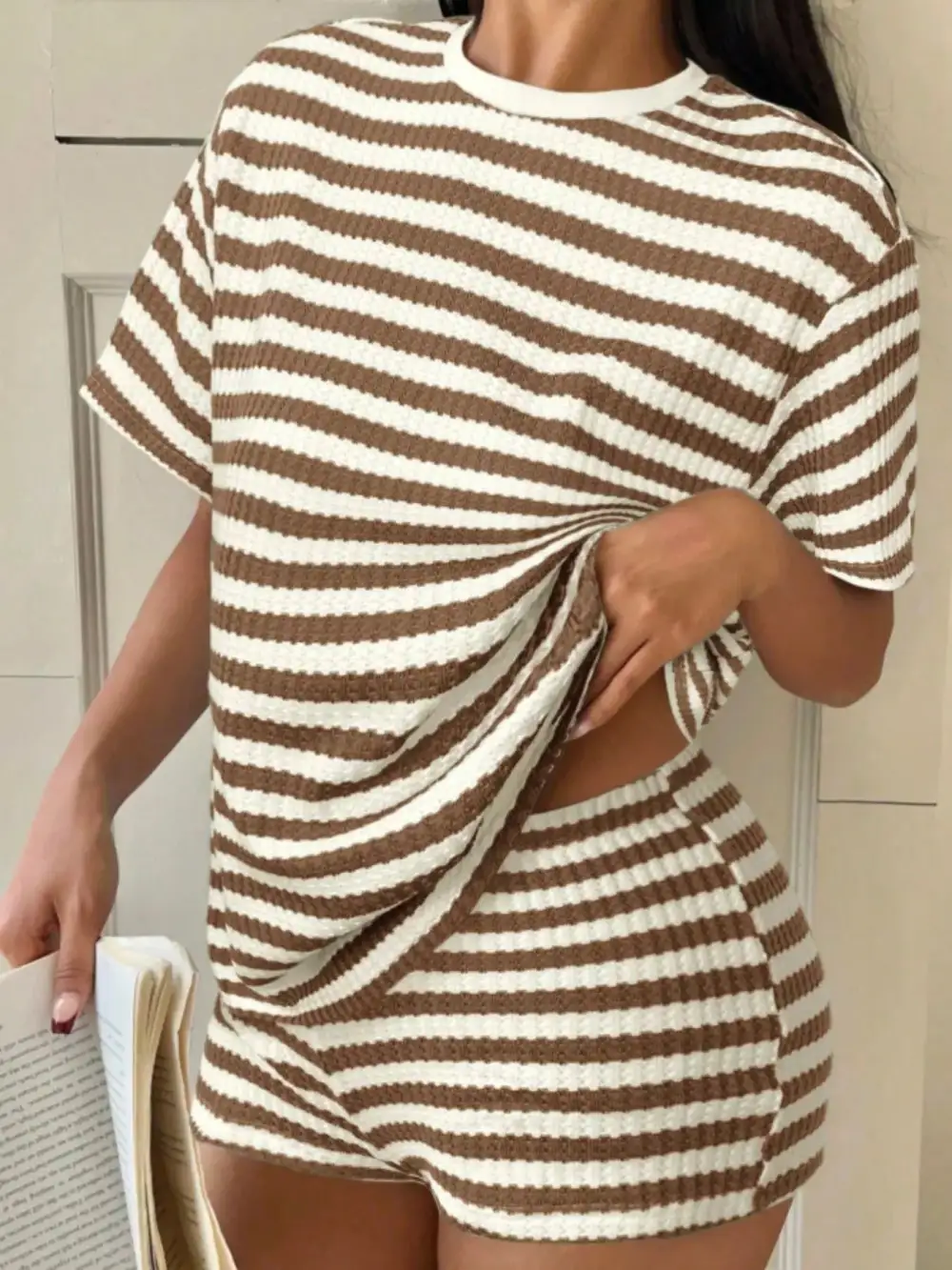 Easy Striped Round Neck Top and Shorts Set