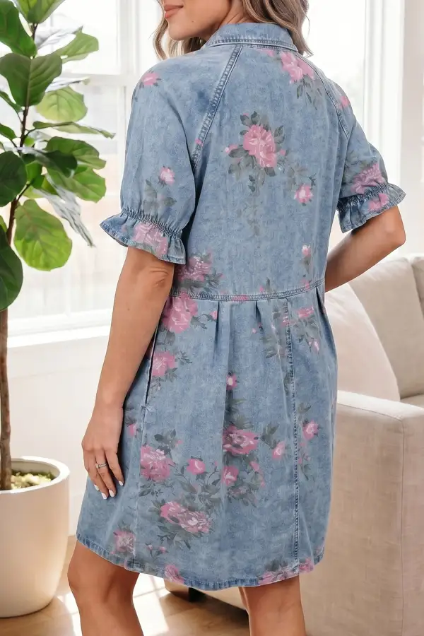 Floral Print Denim Short Sleeve Button-Down Dress