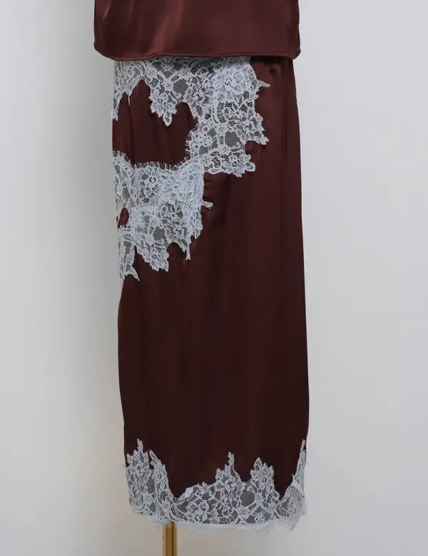 Elegant Lace Zip Open Satin Midi Skirt
