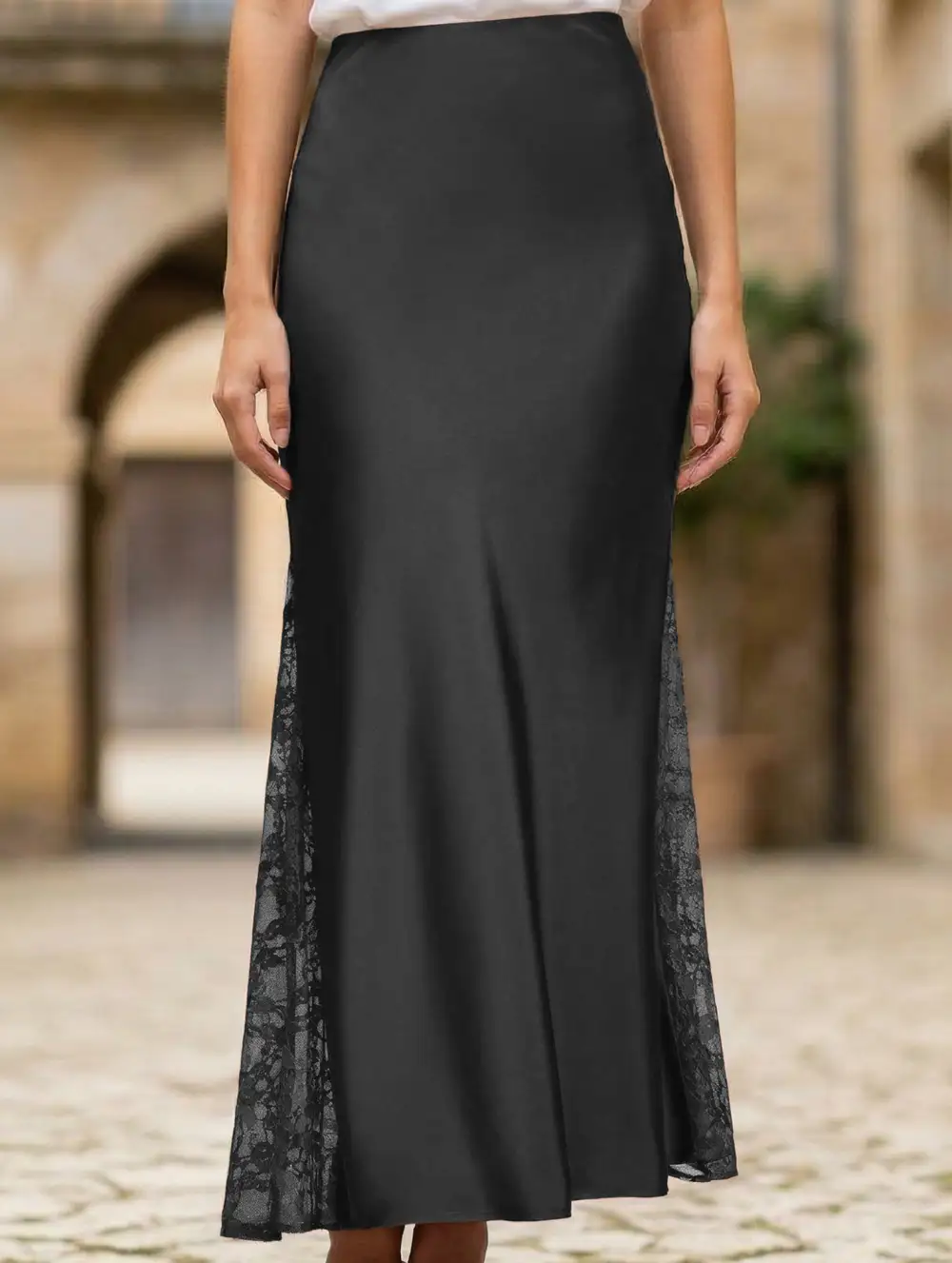 Satin Lace High Waist A-Line Skirt