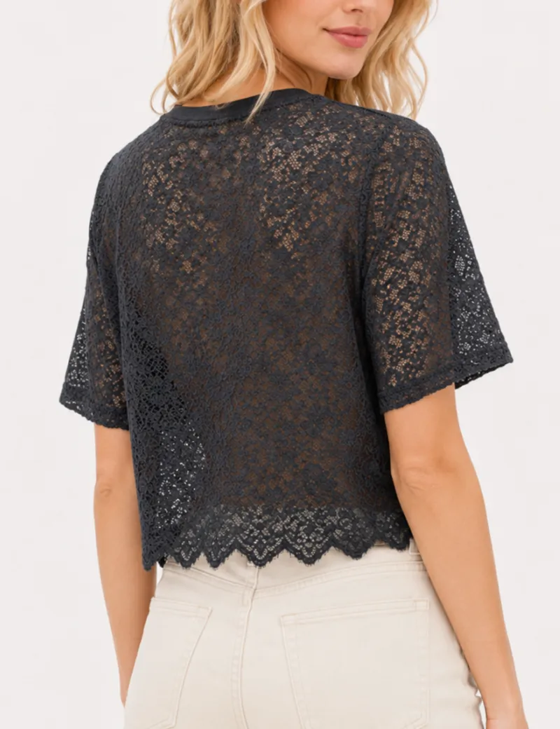 Dog Graphic Round Neck Lace Crop Top
