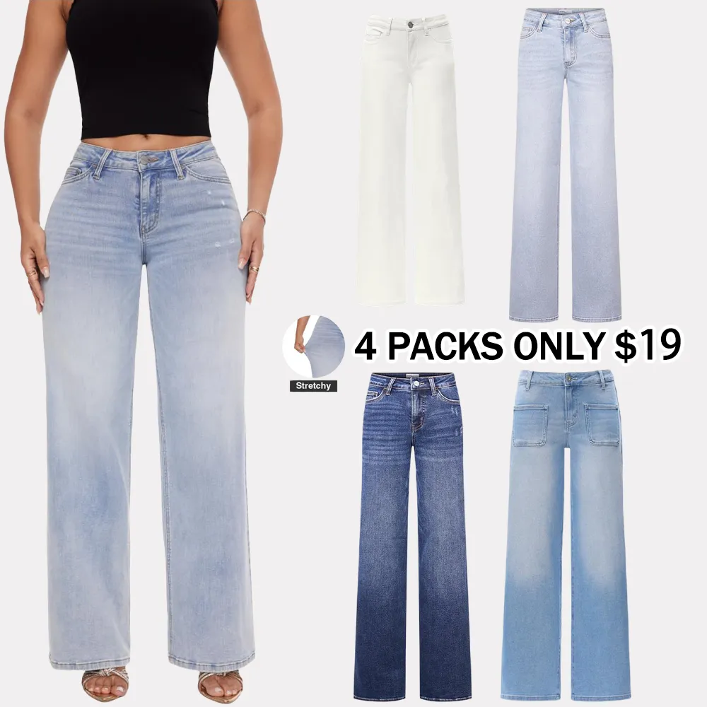 Women's Mid-Rise Baggy Jeans - Stretchy, Distressed, Comfortable Denim - Plus & Regular Sizes