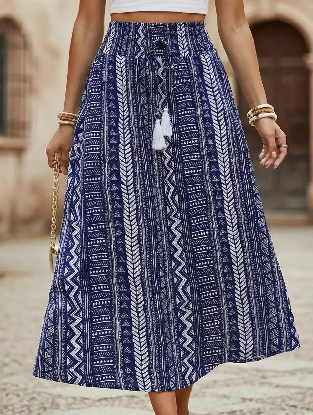 Boho Fringe Belt Tie Midi Skirt