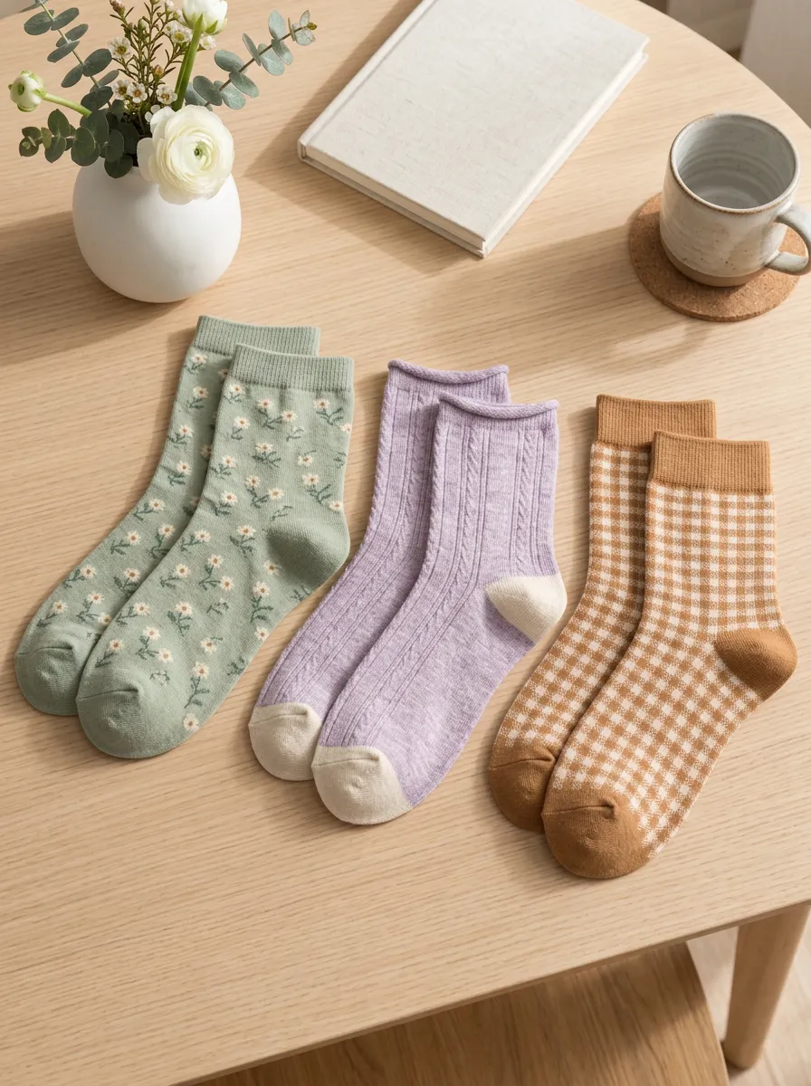 Women's Floral Gingham Ribbed Pattern Printed 3-Pack Socks
