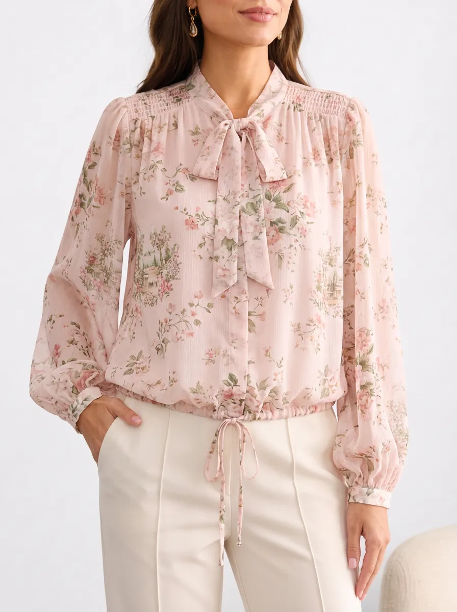 Women's Floral Print Tie Neck Shoulder Gathers Button Cuffs Blouse