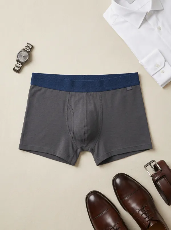 Men's Grey Solid Color Blue Waistband Printed Boxer Briefs