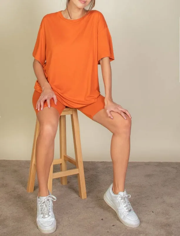 Orange Loose Fit Top and Bike Shorts Set