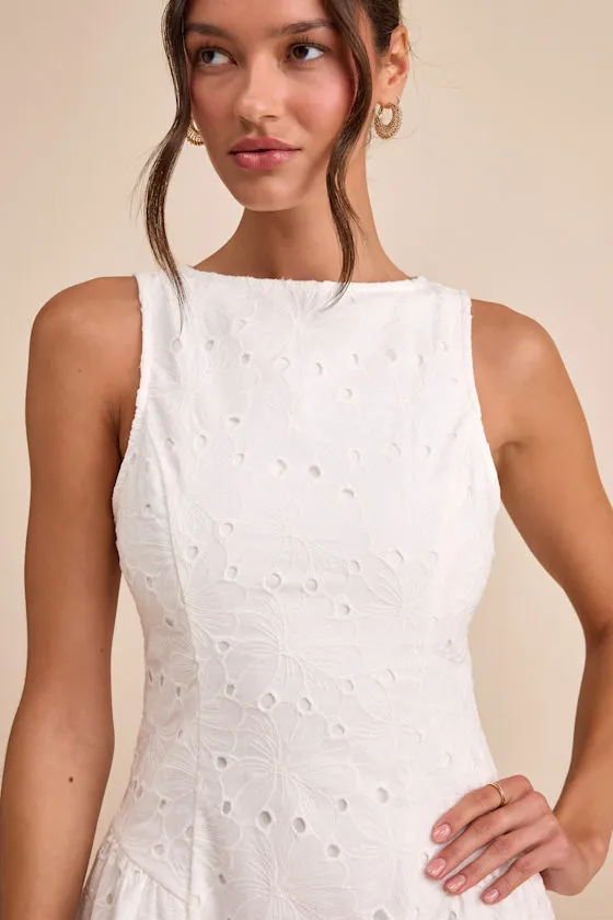 Celenia White Eyelet Embroidered Sleeveless Mini Dress