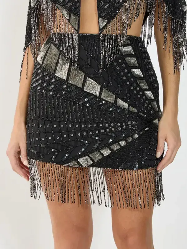 Women's Black & Silver Sequin Fringe Mini Skirt