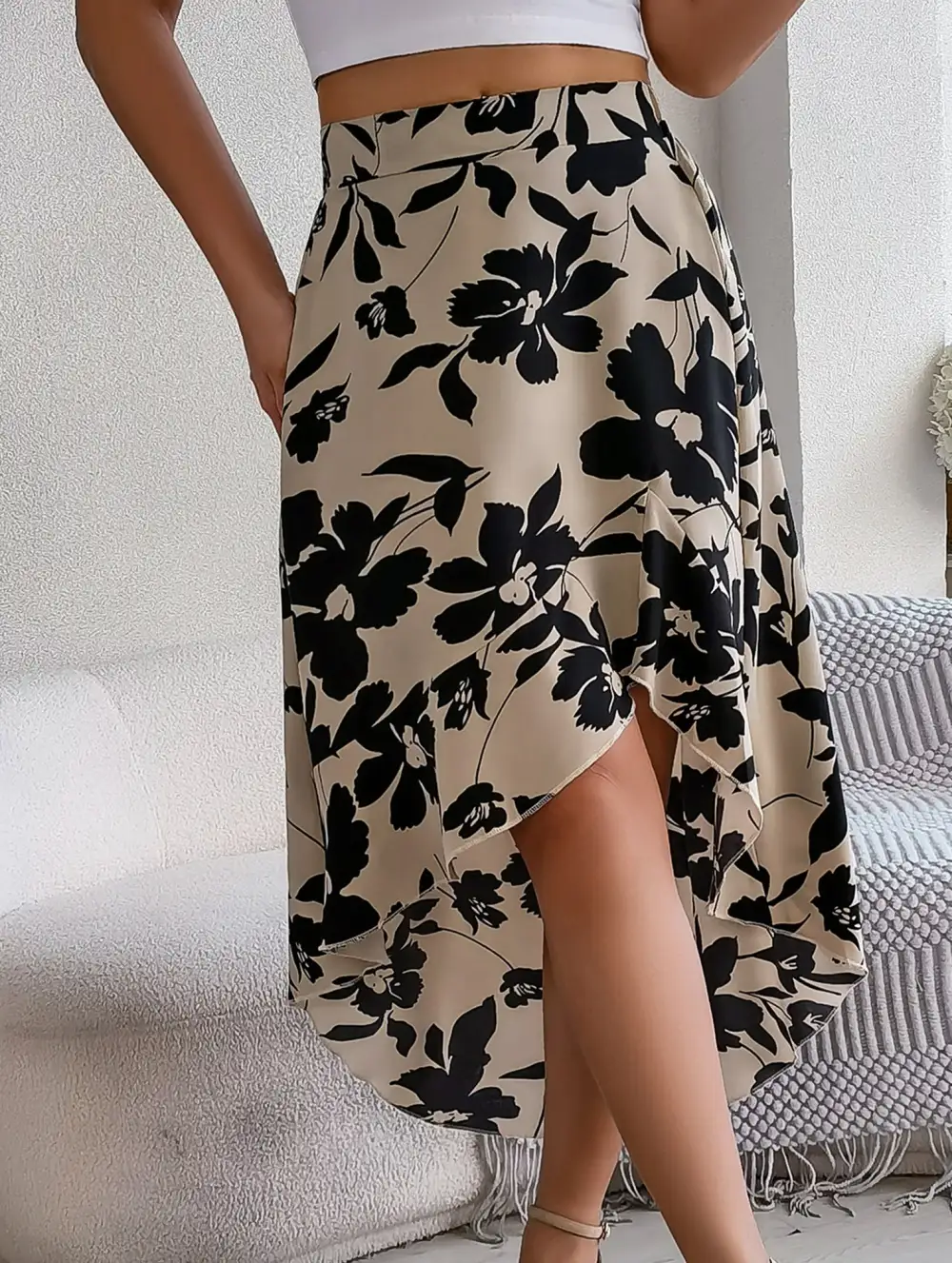 Floral Ruffle Irregular Midi Skirt