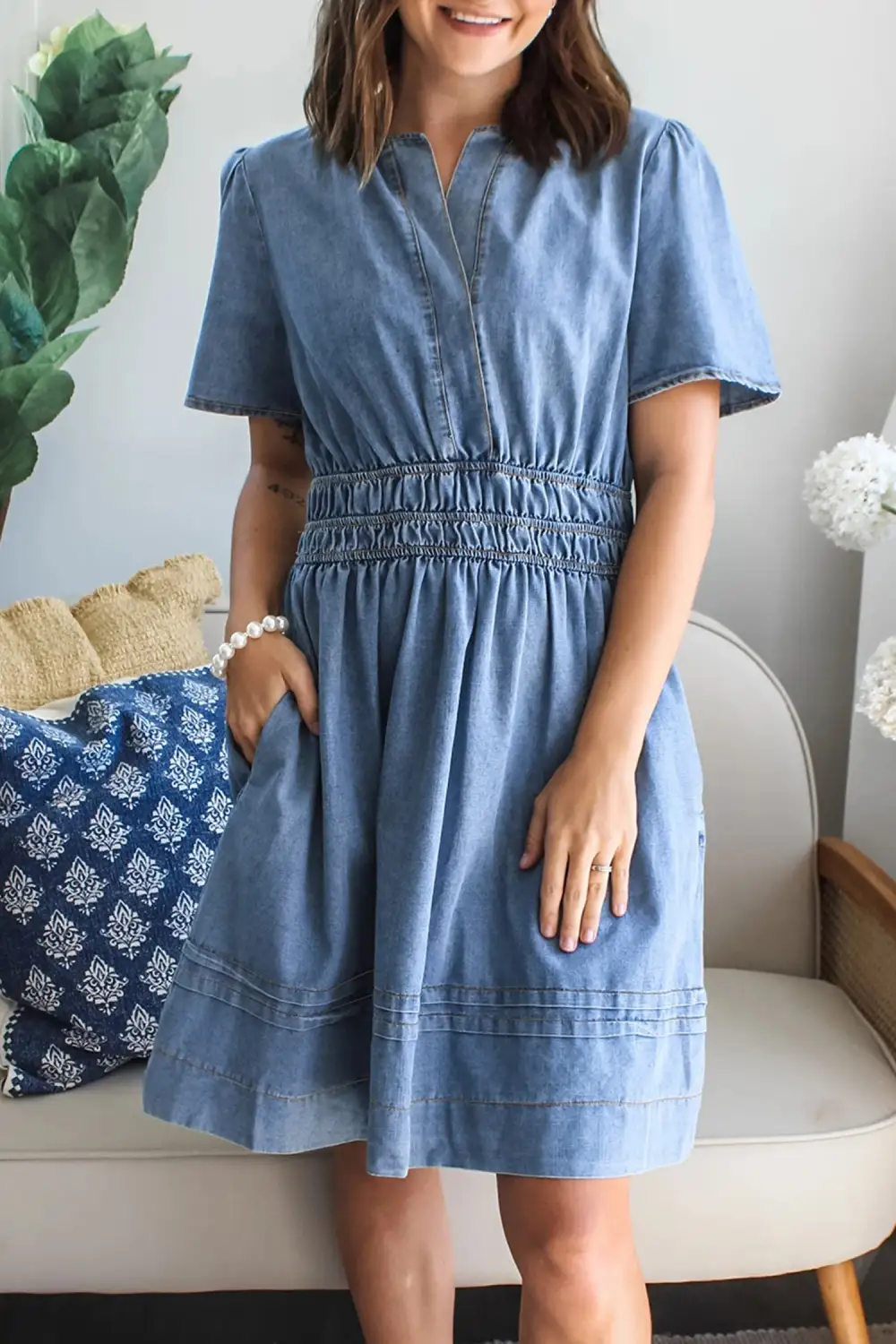 Denim Short Sleeve Mini Dress
