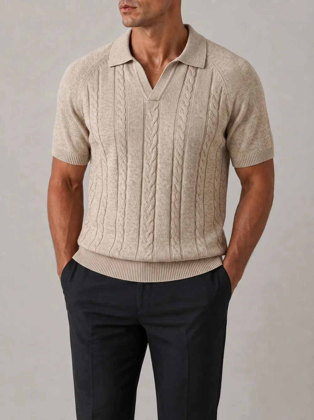 Men's Raglan Cable Knit Open Collar Polo Shirt