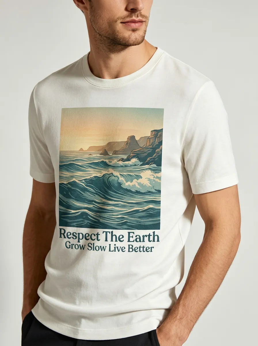 Men's Nature Lover Ocean Landscape Respect The Earth Printed T-shirt