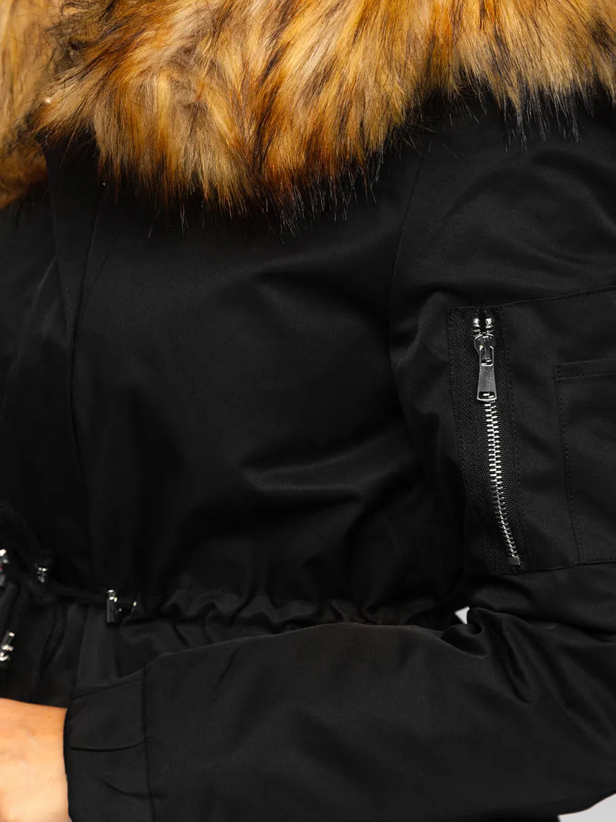 Black women's winter parka jacket with hood