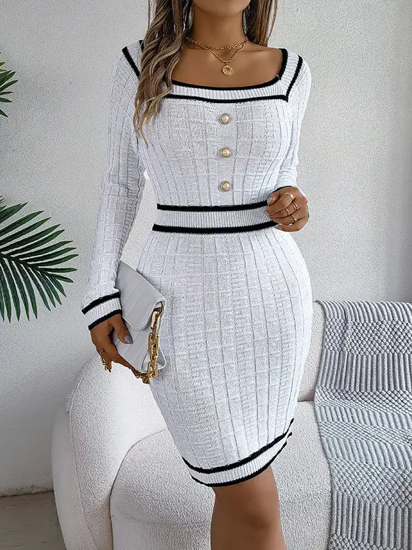 Bodycon Long Sleeve Buttoned Contrast Color Plaid Square Neck Mini Dress