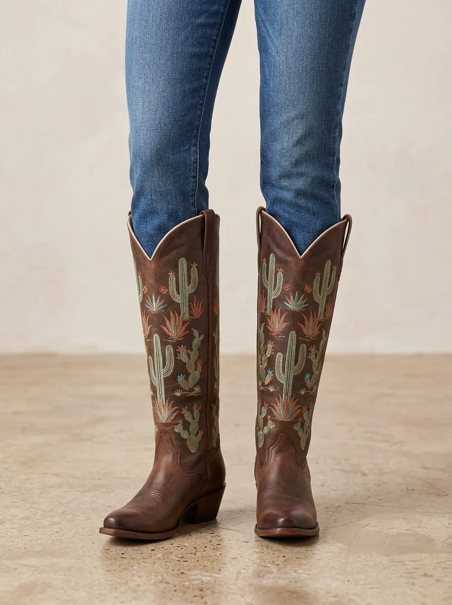 Women's Cactus Embroidered Pointed-Toe Block-Heel Stacked-Heel Western Denim Over-the-Knee Boots