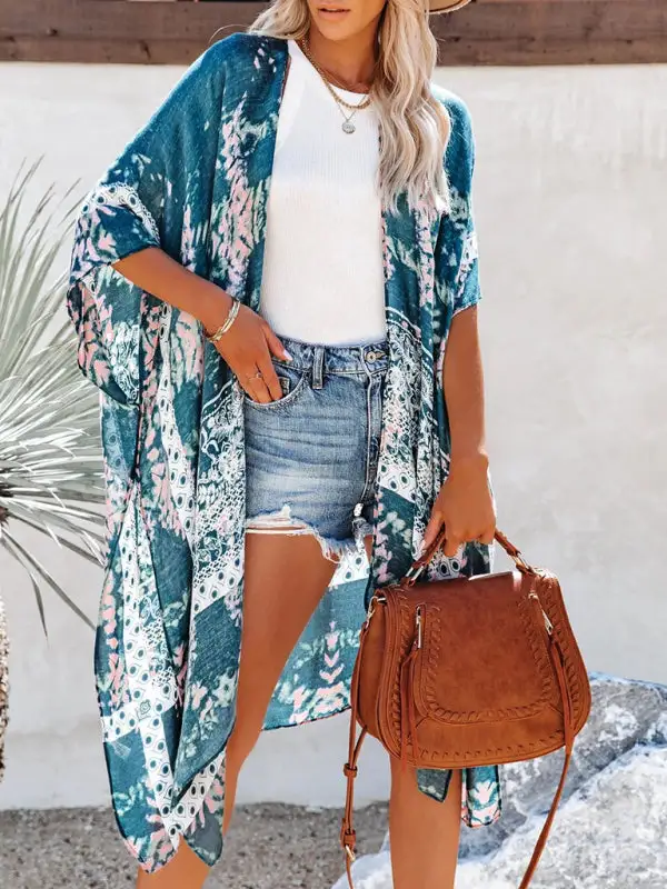 Mid Length Slit Chiffon Printed Sunscreen Swimsuit