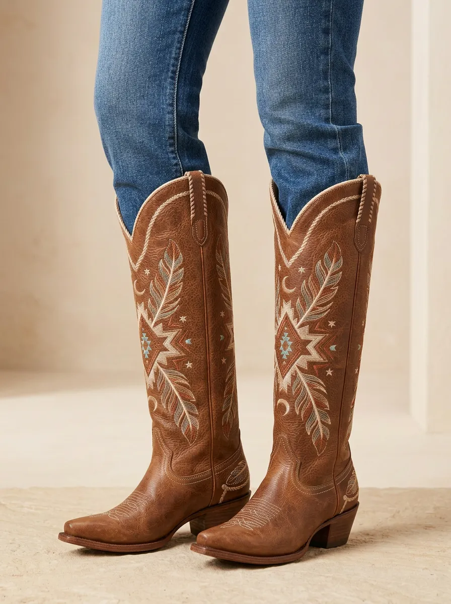 Women's Western Moon Feather Star Embroidered Piped Pointed-Toe Denim Over-the-Knee Boots