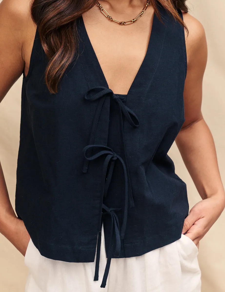 Black Linen-Blend Tie Front Top