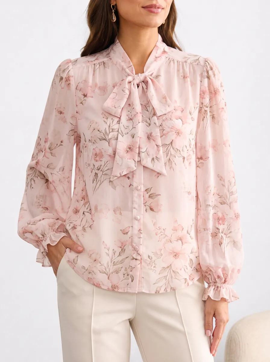 Women's Floral Print Tie Neck Shoulder Gathers Blouse
