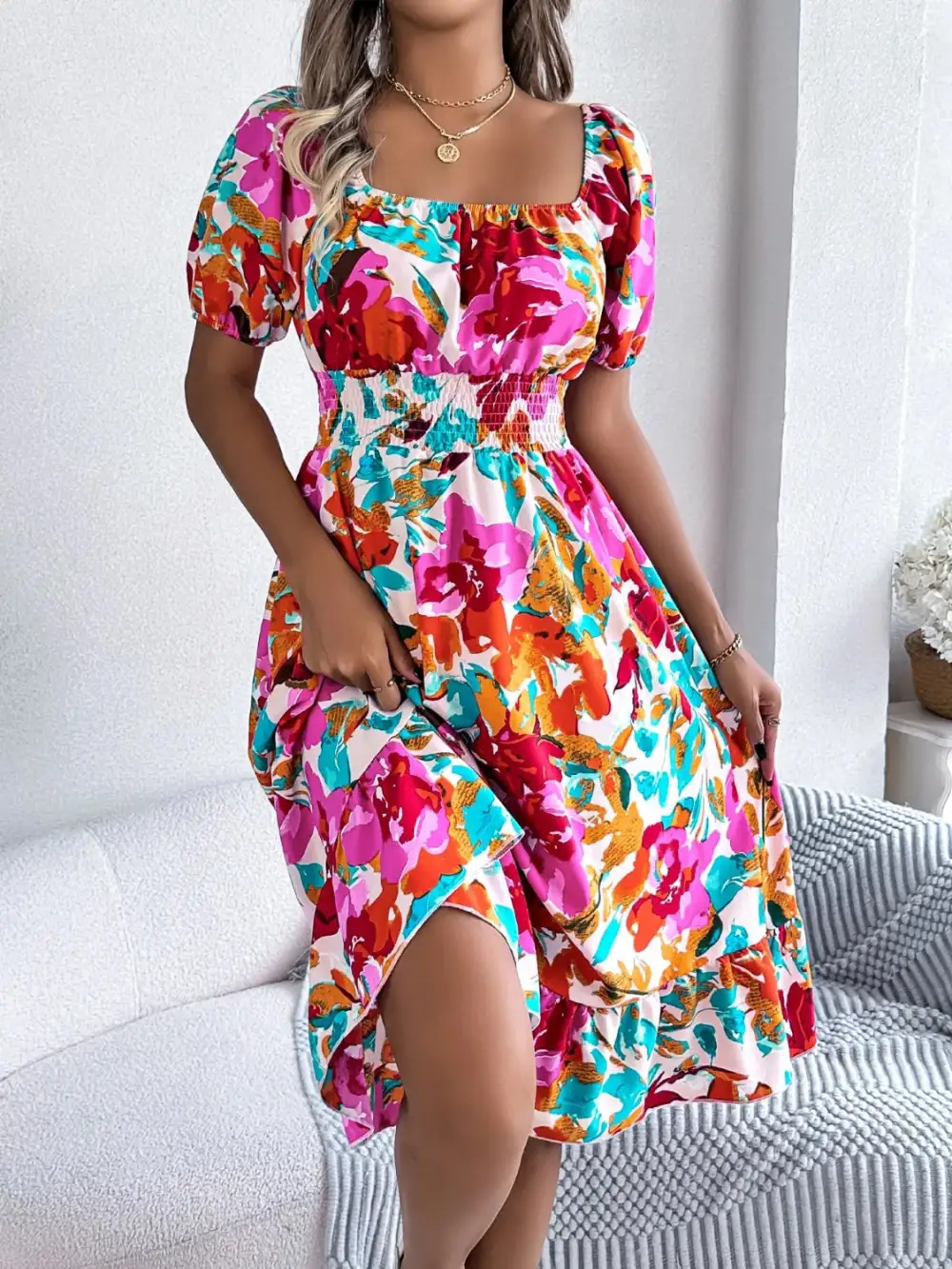 Textured Ruffle Trim Smocked Dress