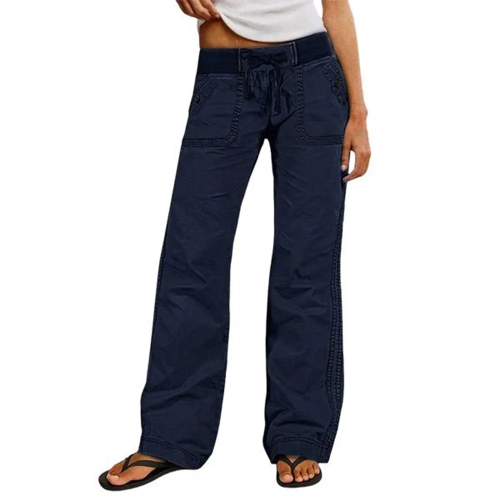 Solid Seam Detail Drawstring Mid Rise Straight Leg Pants