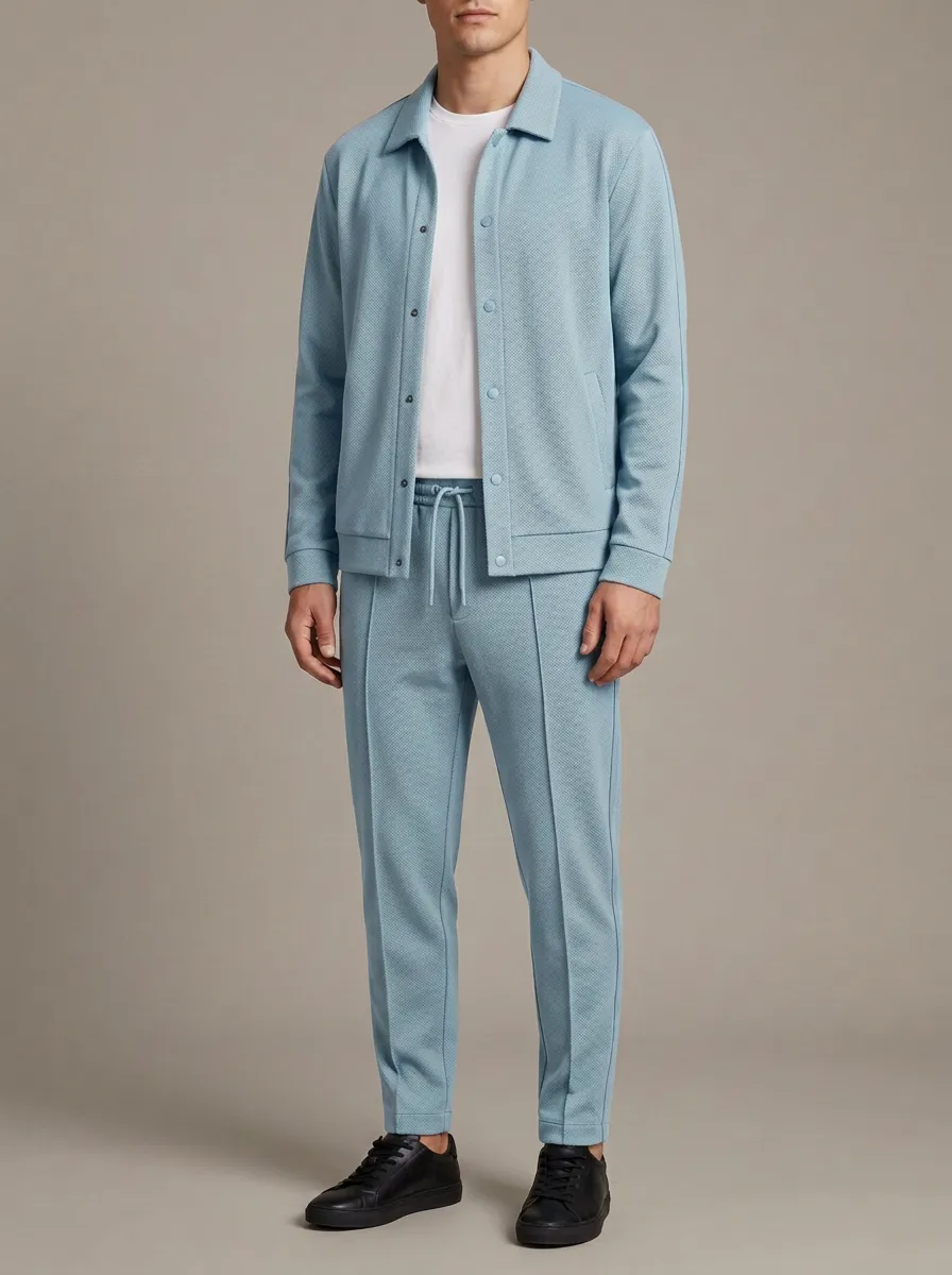 Men's Textured Polo Collar Jacket and Jogger Pants Set