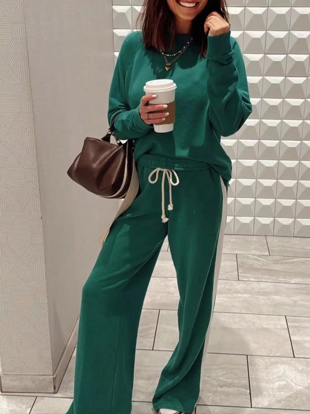 Round Neck Top and Stripe Detail Drawstring Pants Set