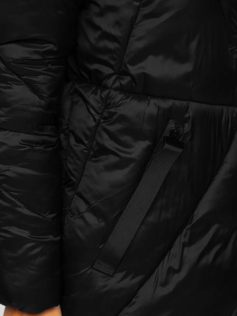 women's black quilted winter jacket with hood
