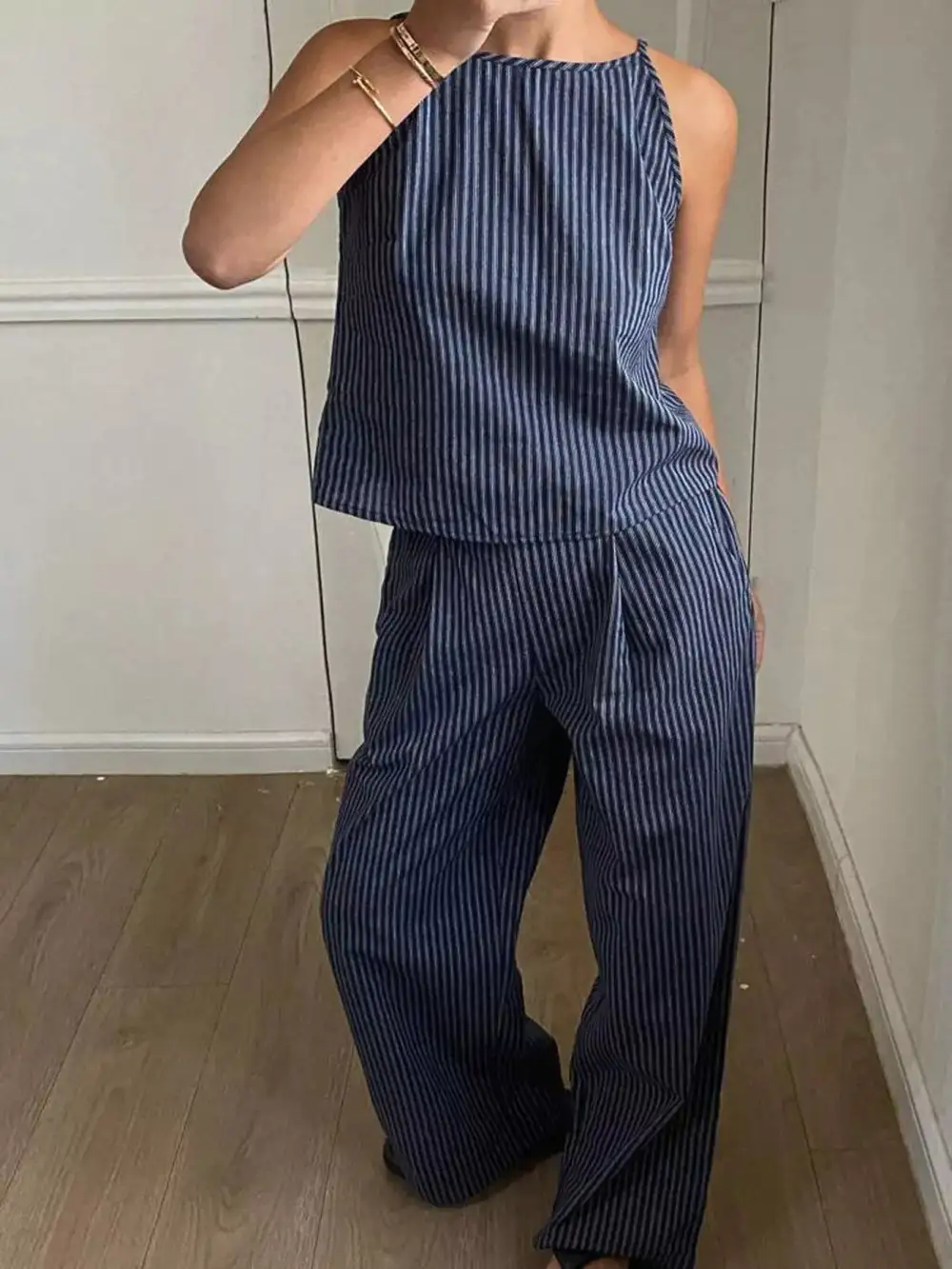 Refined Striped Sleeveless Top and Wide Leg Pants Set