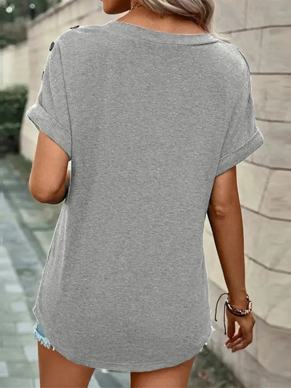Relaxed Short Sleeve Button Detail V-Neck Polyester T-Shirt