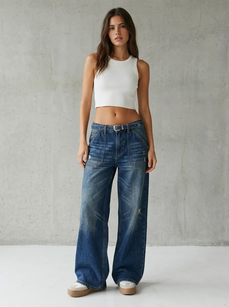 Women's Vintage Wash Distressed Wide Leg Denim Jeans