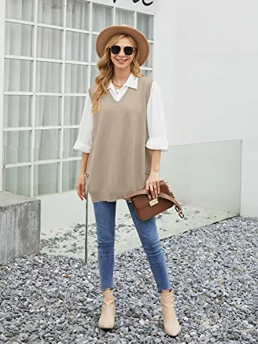 Sweater Vest Womens Knitted Oversized V Neck Sleeveless Sweater Knitwear Tank Tops with Pocket (S-3XL)