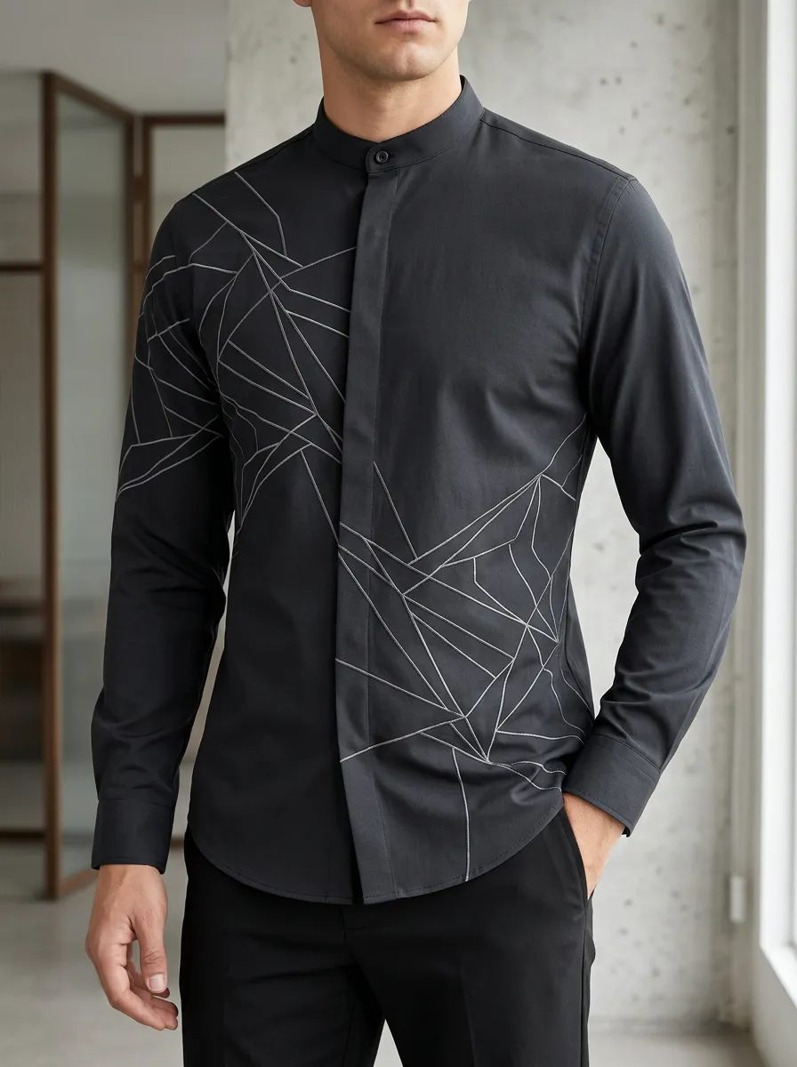 Men's Geometric Abstract Pattern Printed Slim Fit Mandarin Collar Shirt
