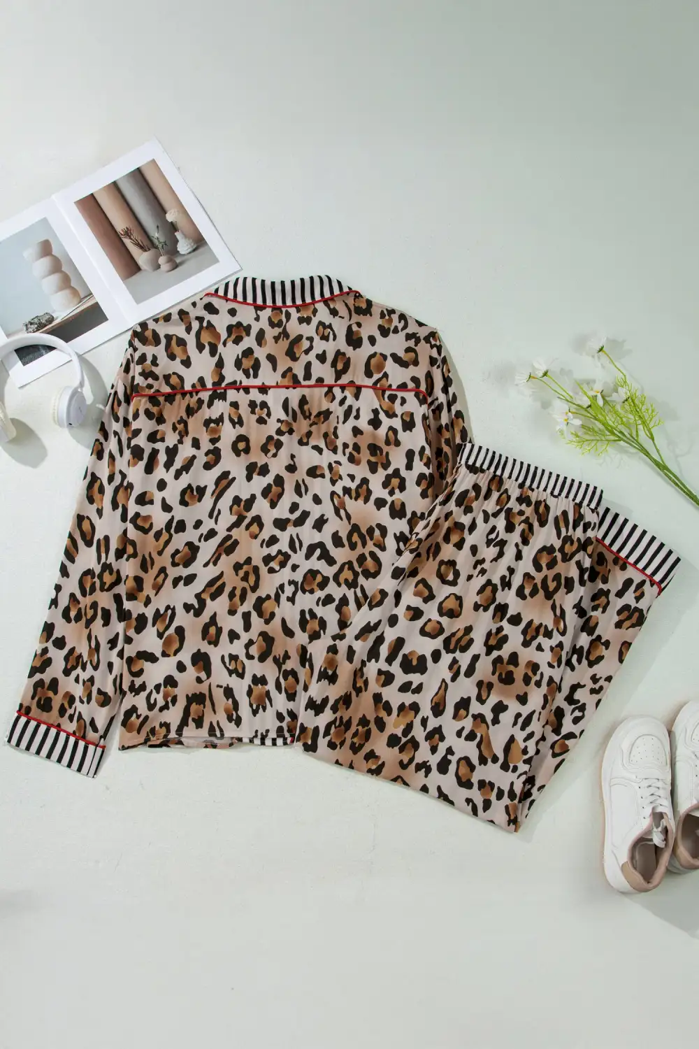 Cozy Leopard Print Striped Trim Long Pajama Set