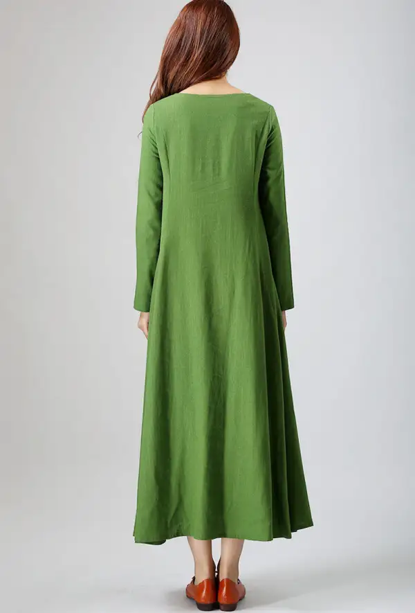 Refined Linen V Neck Long Sleeve Maxi Dress