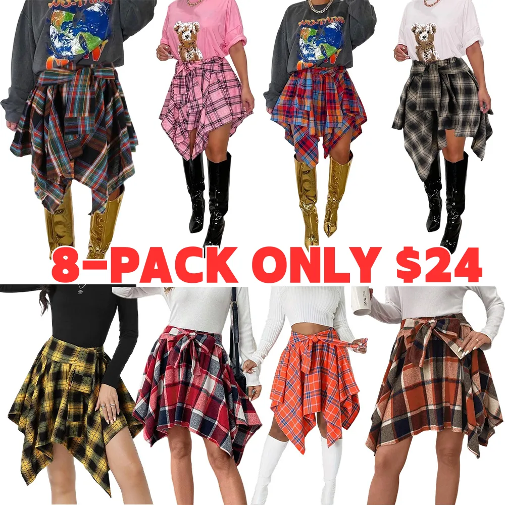 Women's Fashion Style Plaid Print Asymmetrical Hem High Waist Skirt, Casual Comfort Elastic Waist Tiered Layer Knee Length Skirt for Summer Going Out Streetwear, Fashionable Trendy Plaid Skirt, Womenswear Everyday Bottom