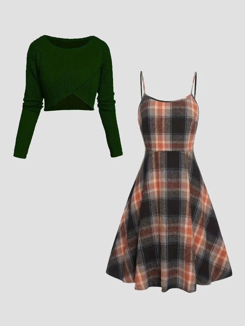 Women's Solid Wrap Hem Round Neck Textured Long Sleeve Crop Top & Plaid Print A-Line Dress Set