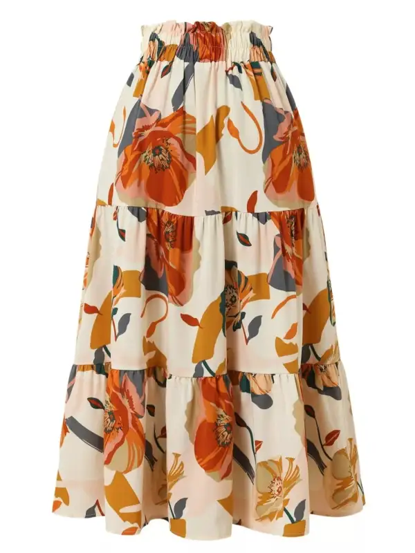 Full Size Print Tiered Ruffle Midi Skirt Plus Size