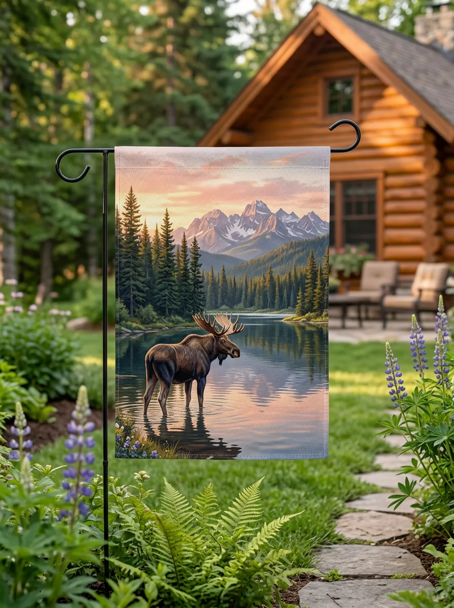 Wildlife Moose Mountain Lake Outdoor Garden Flag