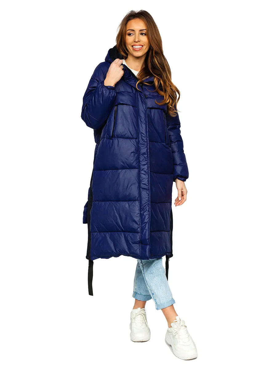 Dark blue women's long winter jacket with hood