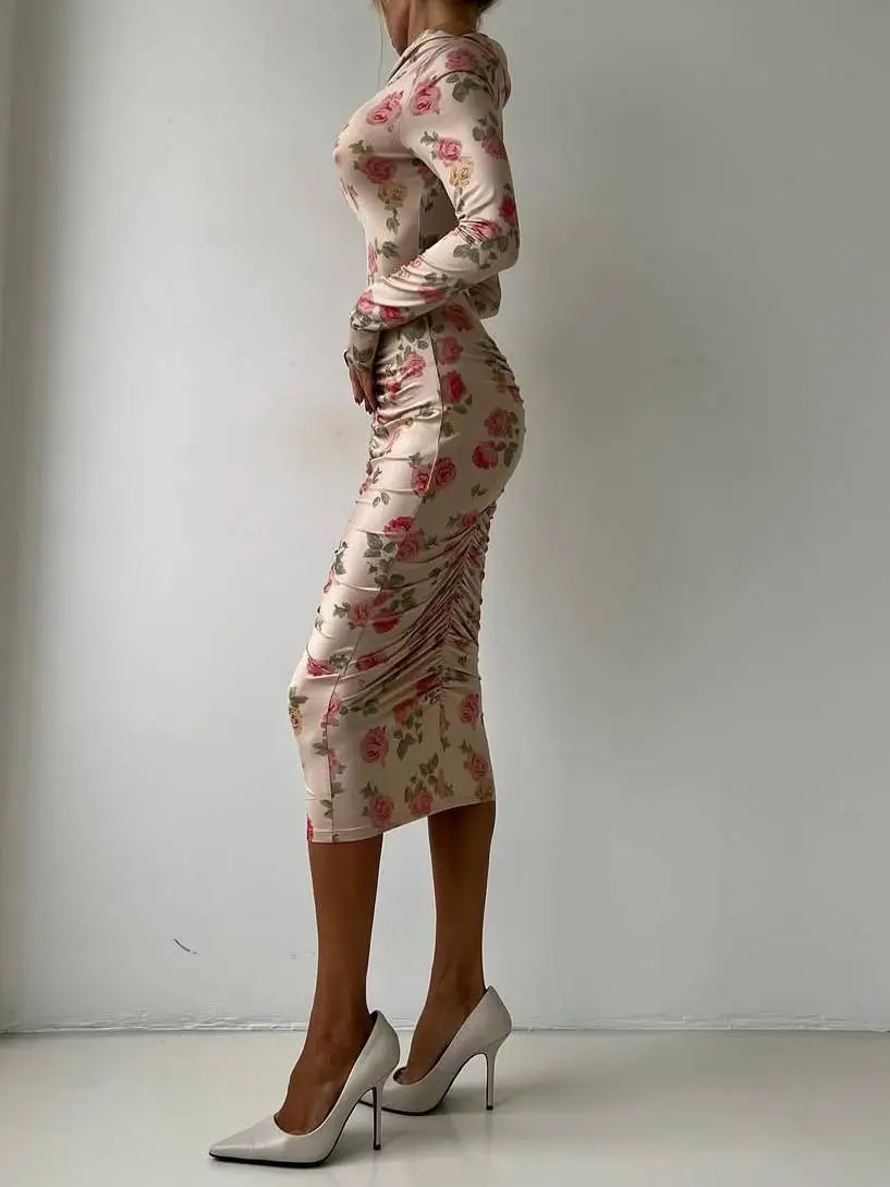 Distinctive Boat Neck Floral Print Pleated Midi Dress