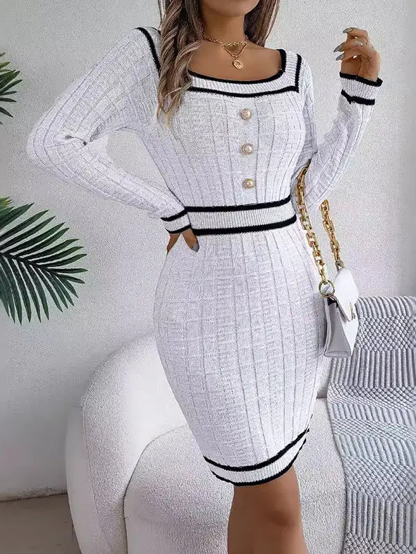 Bodycon Long Sleeve Buttoned Contrast Color Plaid Square Neck Mini Dress